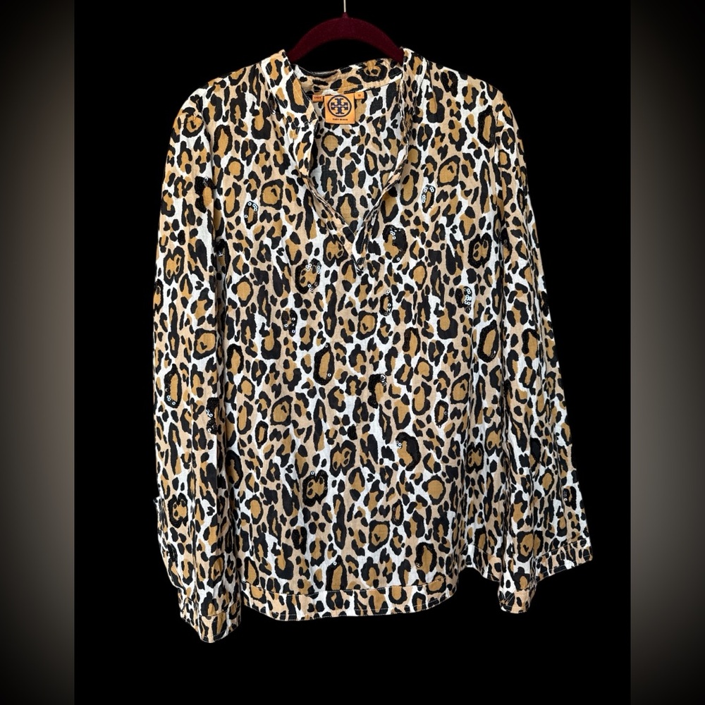 Tory Burch Black and Tan Leopard Print Blouse Size 10